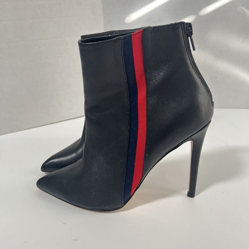 Steve Madden Vira Mid High 4” Heeled Boots Size 7 Black Leather Stripes Red Blue - Picture 6 of 12